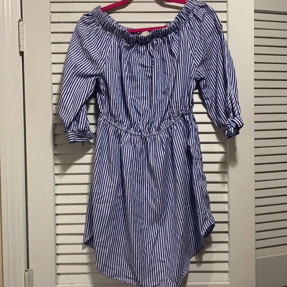 Blue and white striped off the shoulder mini dress